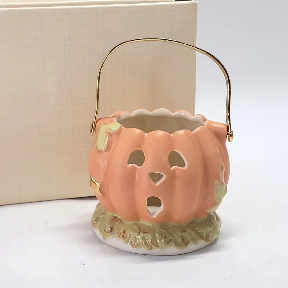 fall pumpkin jack-o-lantern Lenox votive set Halloween $70 porcelain ceramic
